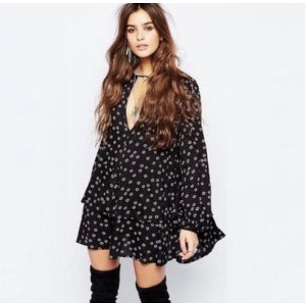Free People Beck Black Floral Tiered Tunic Mini Dress M Ruffle Rayon